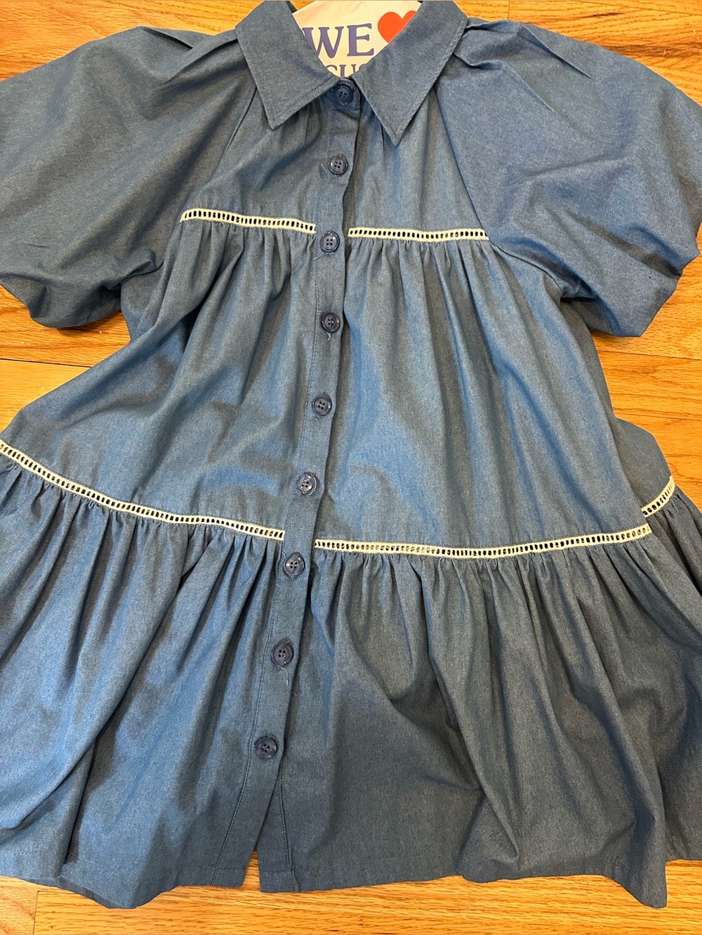Women’s Blue Denim Button-Front Dress with Puff Sleeves size XS - Picture 3 of 12